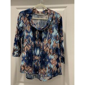 Absolutely Famous Top Large Women's Long Sleeve Cowl Neck  Blues Oranges